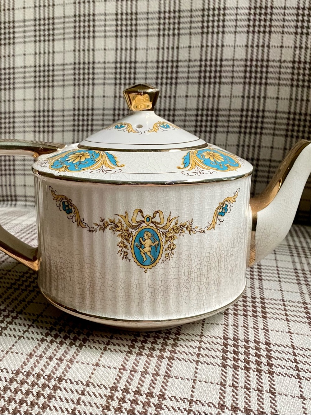 Vintage White and Turquoise Ceramic Teapot with Gold Accents